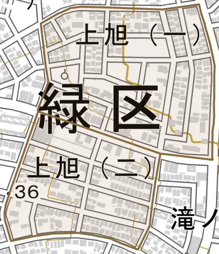 上旭とその周辺の地図。町の範囲を重ねている