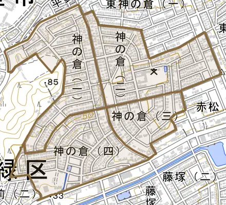 神の倉とその周辺の地図。町の範囲を重ねている