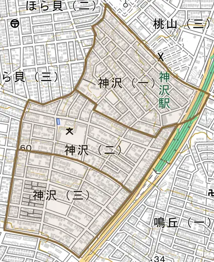 神沢とその周辺の地図。町の範囲を重ねている