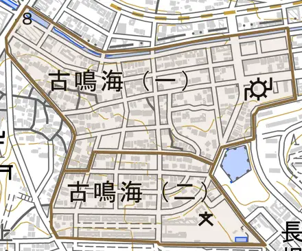 古鳴海とその周辺の地図。町の範囲を重ねている