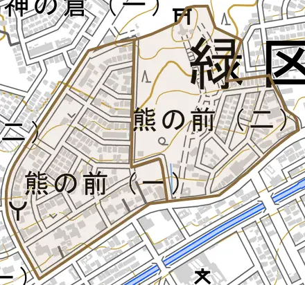 熊の前とその周辺の地図。町の範囲を重ねている