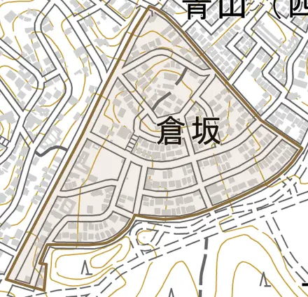 倉坂とその周辺の地図。町の範囲を重ねている
