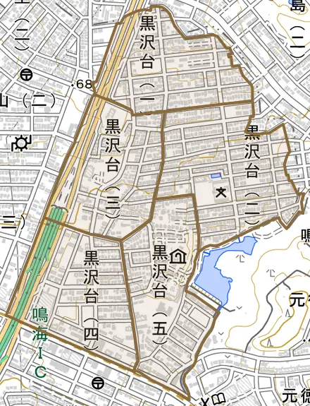 黒沢台とその周辺の地図。町の範囲を重ねている