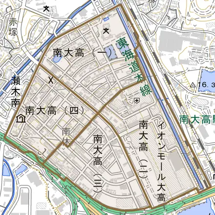 南大高とその周辺の地図。町の範囲を重ねている