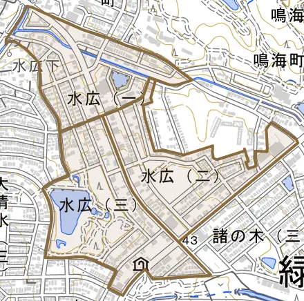 水広とその周辺の地図。町の範囲を重ねている