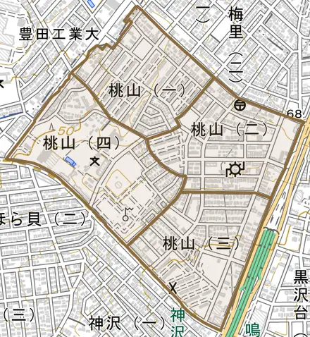 桃山とその周辺の地図。町の範囲を重ねている