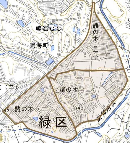 諸の木とその周辺の地図。町の範囲を重ねている