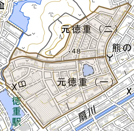元徳重とその周辺の地図。町の範囲を重ねている