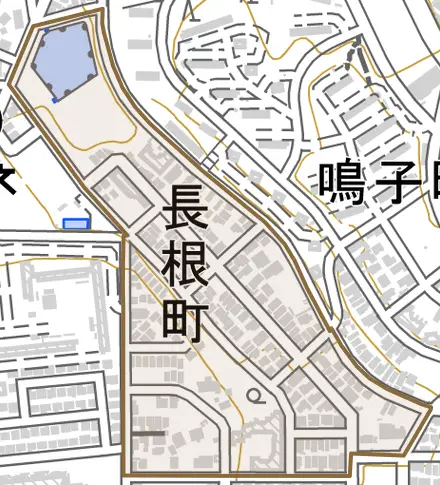 長根町とその周辺の地図。町の範囲を重ねている