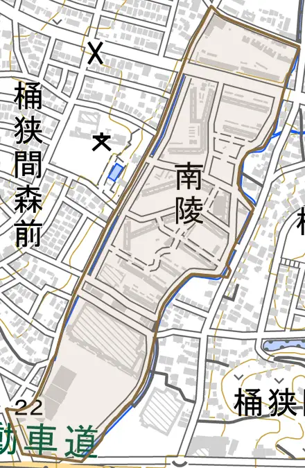 南陵とその周辺の地図。町の範囲を重ねている