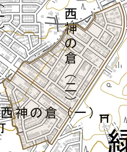 西神の倉とその周辺の地図。町の範囲を重ねている