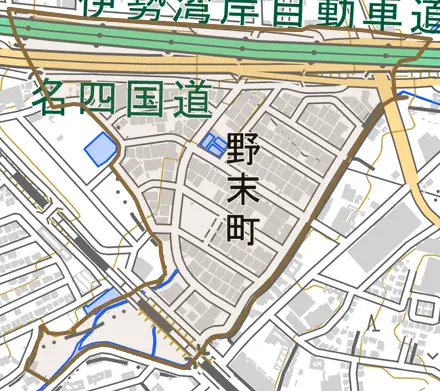 野末町とその周辺の地図。町の範囲を重ねている