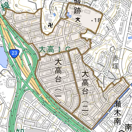 大高台とその周辺の地図。町の範囲を重ねている