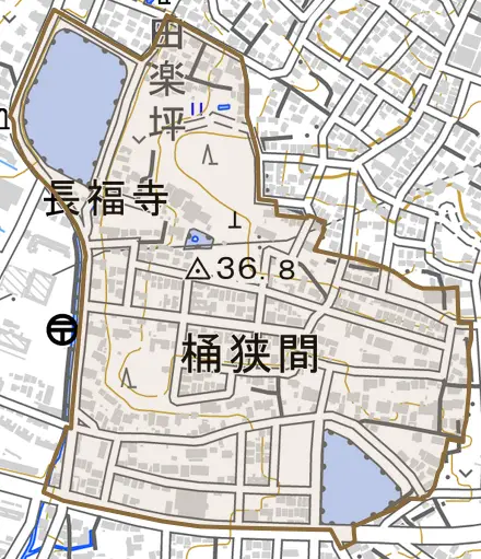 桶狭間とその周辺の地図。町の範囲を重ねている