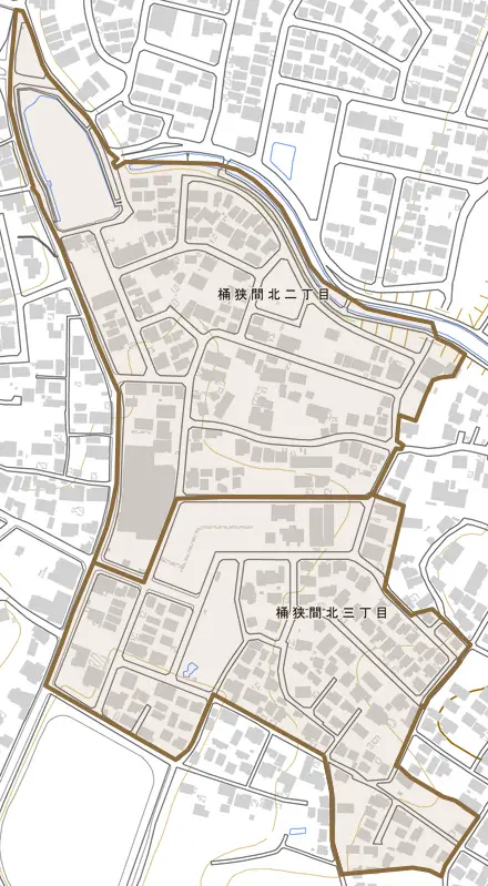 桶狭間北とその周辺の地図。町の範囲を重ねている