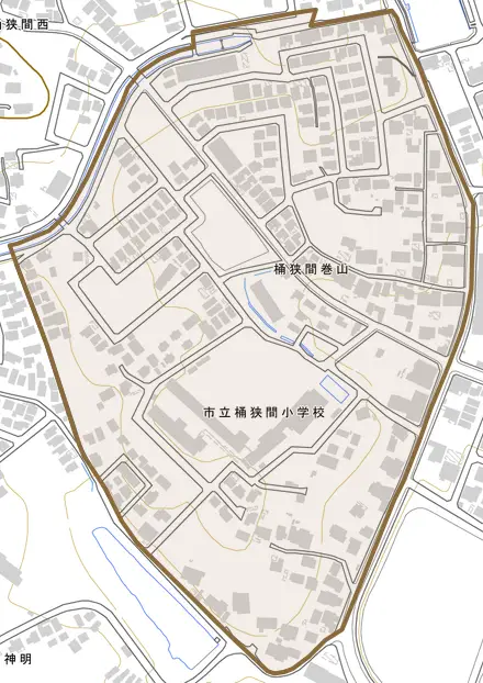 桶狭間巻山とその周辺の地図。町の範囲を重ねている