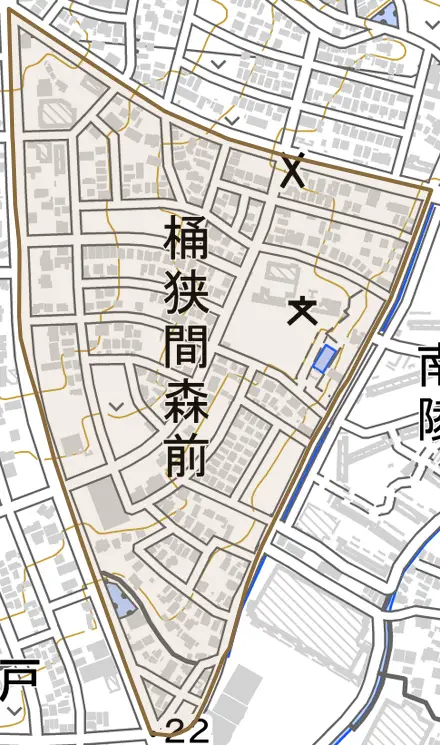 桶狭間森前とその周辺の地図。町の範囲を重ねている