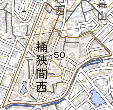 桶狭間西とその周辺の地図。町の範囲を重ねている