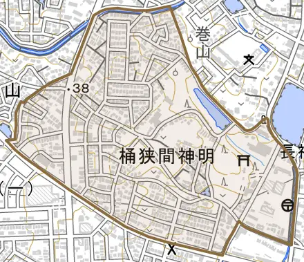 桶狭間神明とその周辺の地図。町の範囲を重ねている