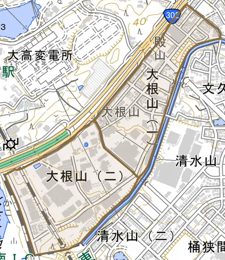 大根山とその周辺の地図。町の範囲を重ねている