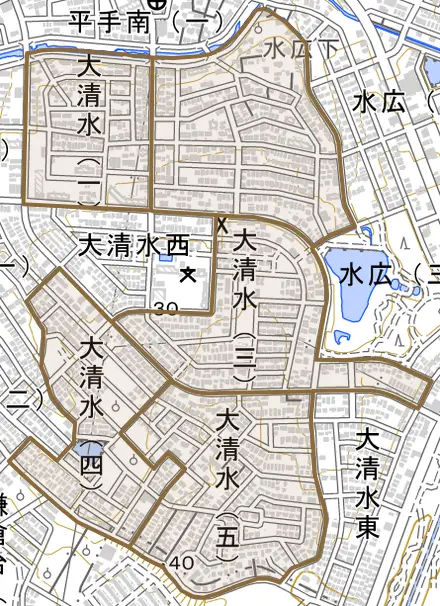 大清水とその周辺の地図。町の範囲を重ねている