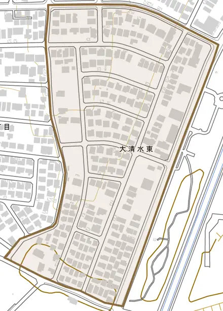 大清水東とその周辺の地図。町の範囲を重ねている