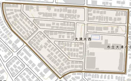 大清水西とその周辺の地図。町の範囲を重ねている