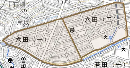 六田とその周辺の地図。町の範囲を重ねている