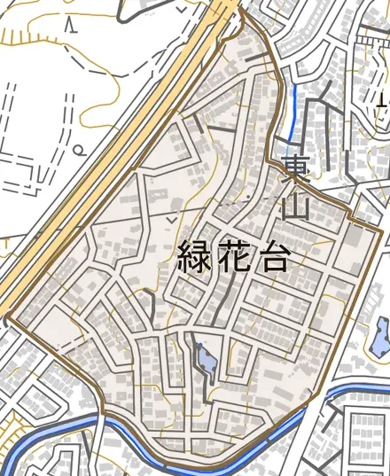 緑花台とその周辺の地図。町の範囲を重ねている
