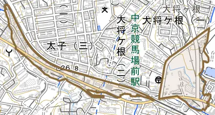 境松とその周辺の地図。町の範囲を重ねている