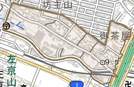 四本木とその周辺の地図。町の範囲を重ねている