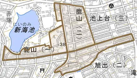 鹿山とその周辺の地図。町の範囲を重ねている