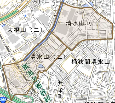 清水山とその周辺の地図。町の範囲を重ねている