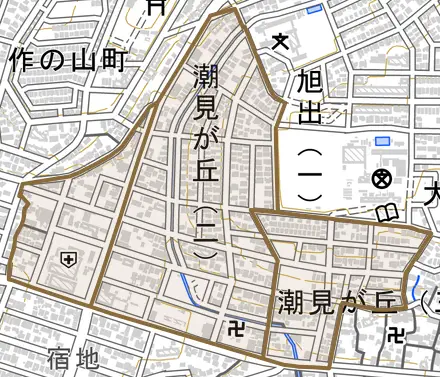 潮見が丘とその周辺の地図。町の範囲を重ねている