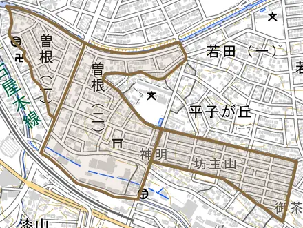曽根とその周辺の地図。町の範囲を重ねている