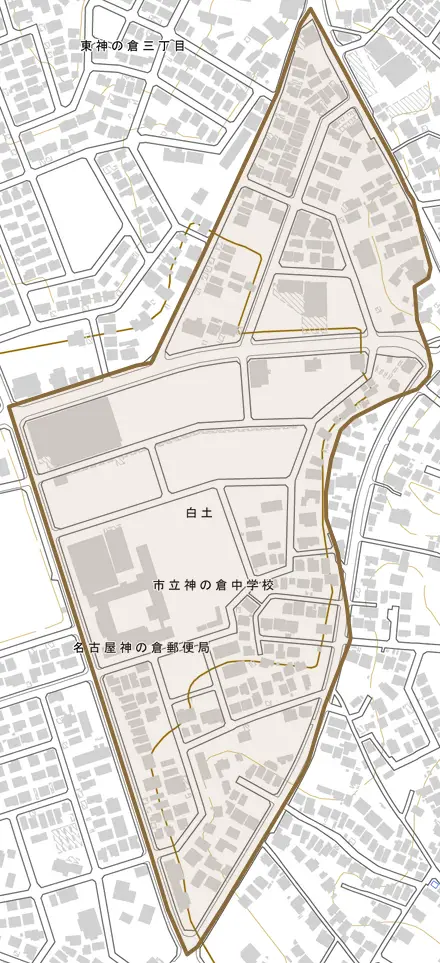 白土とその周辺の地図。町の範囲を重ねている