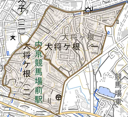 大将ケ根とその周辺の地図。町の範囲を重ねている