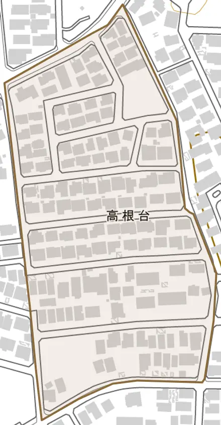 高根台とその周辺の地図。町の範囲を重ねている