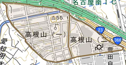 高根山とその周辺の地図。町の範囲を重ねている