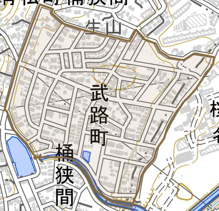武路町とその周辺の地図。町の範囲を重ねている