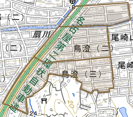 鳥澄とその周辺の地図。町の範囲を重ねている