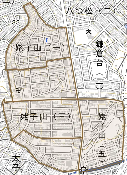 姥子山とその周辺の地図。町の範囲を重ねている