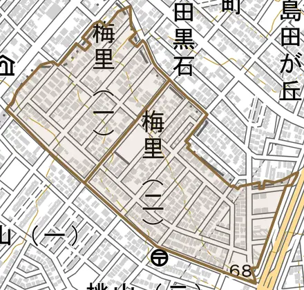 梅里とその周辺の地図。町の範囲を重ねている