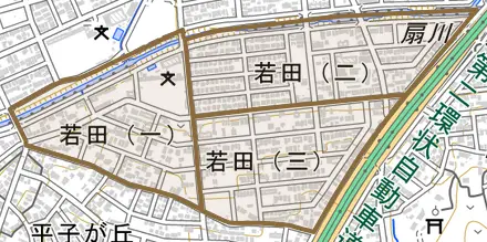若田とその周辺の地図。町の範囲を重ねている