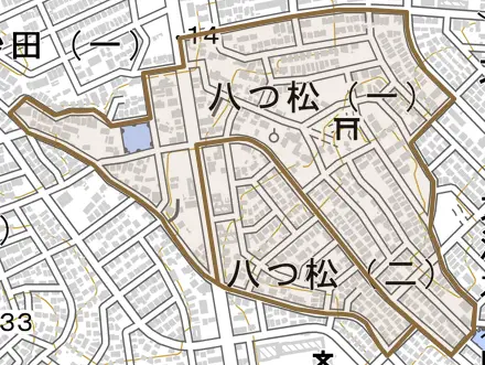 八つ松とその周辺の地図。町の範囲を重ねている