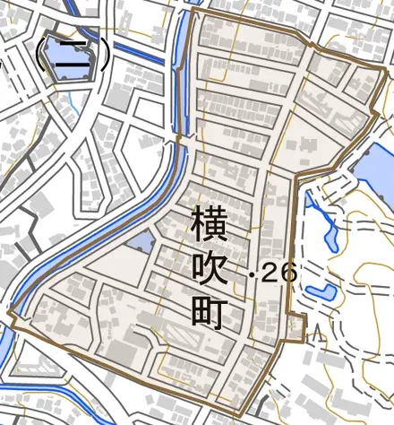 横吹町とその周辺の地図。町の範囲を重ねている