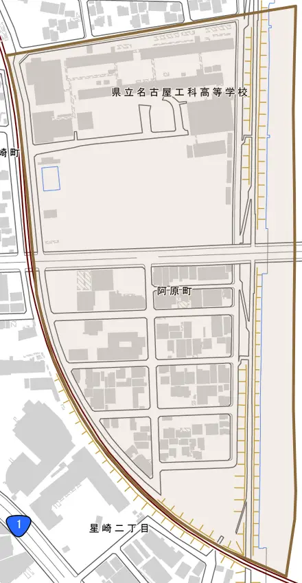 阿原町とその周辺の地図。町の範囲を重ねている