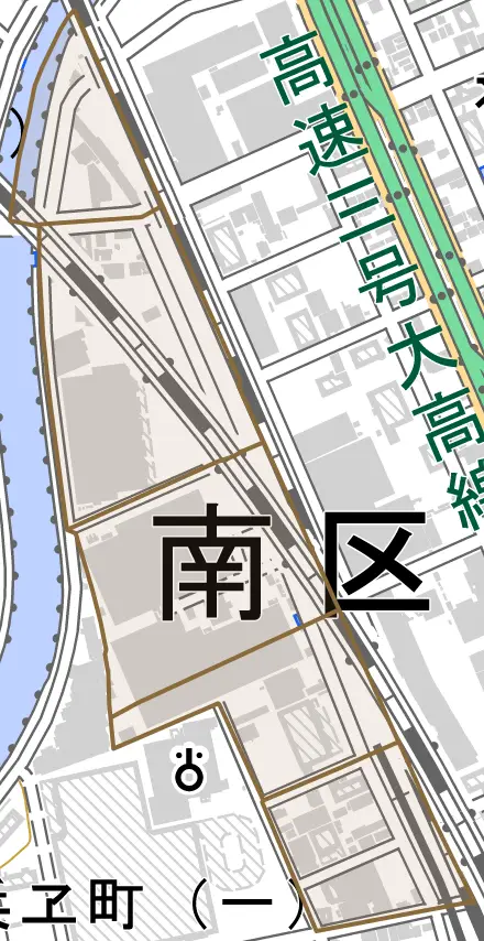 荒浜町とその周辺の地図。町の範囲を重ねている