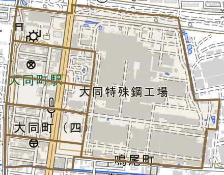 大同町とその周辺の地図。町の範囲を重ねている