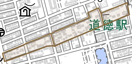 道徳北町とその周辺の地図。町の範囲を重ねている
